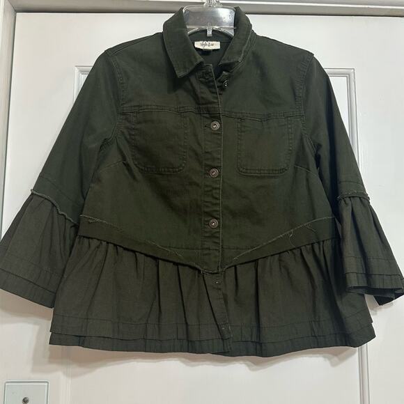 Style & Co Olive Green Button Jacket, Peplum, Utility, Bell Sleeves, Military, M - Picture 1 of 13